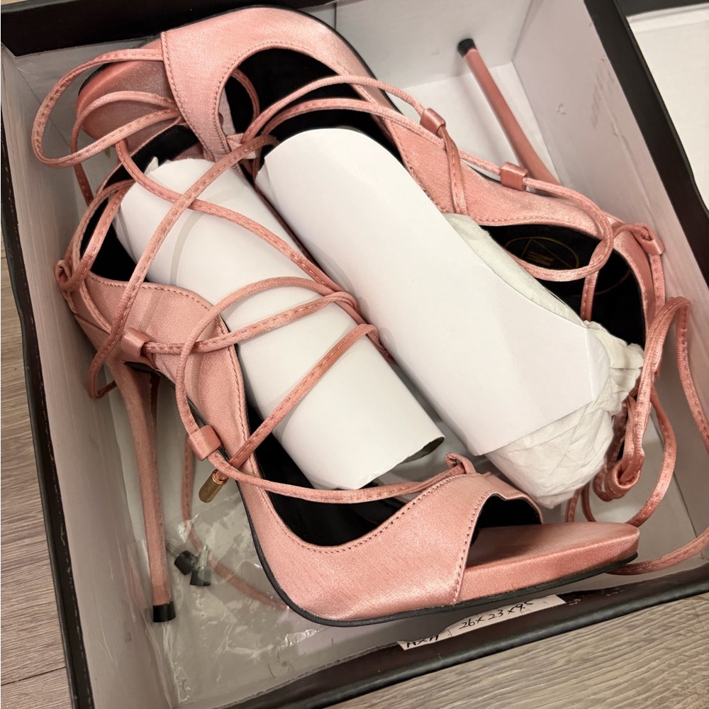 NWT Pink Satin Stiletto Heel Lace Up Sandals - Picture 3 of 13